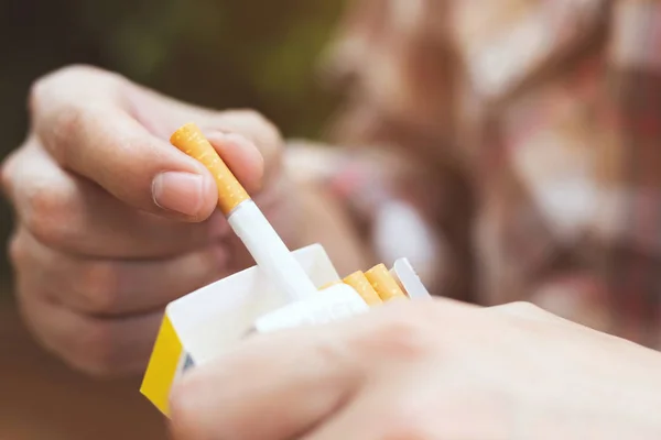 Yakın Kadın Sigara Paketi Kapalı Soyma Tutarak Bir Sigara Hazırlamak — Stok fotoğraf