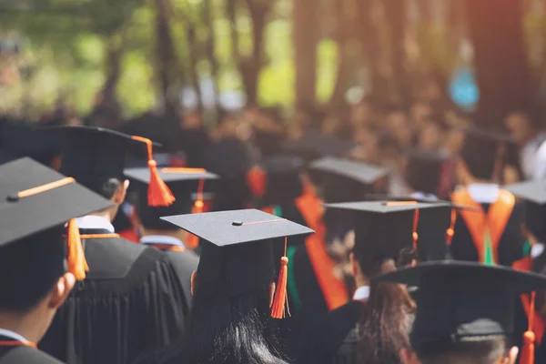 Sombreros Graduación Trasero Durante Comienzo Graduados Éxito Universidad Felicitación Educación —  Fotos de Stock