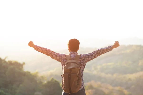 Young Man Hiking Traveling Standing Fist Hands Top Cliff Summer — Stock Photo, Image