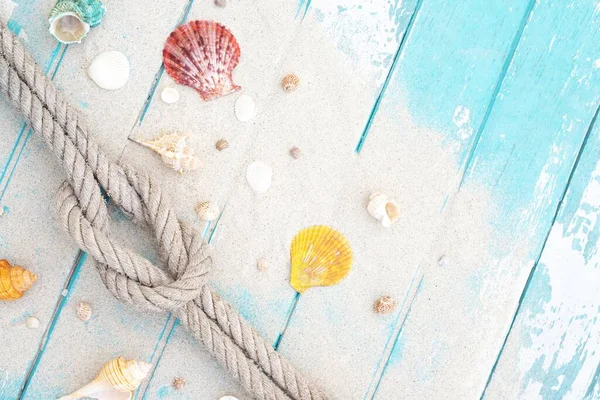 Mavi ahşap arka planda deniz yıldızları ve deniz kabukları ile yaz zamanı kavramı