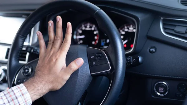 Angry Driver Honking Yelling Sitting Steering Wheel Traffic Jam — Stock Photo, Image