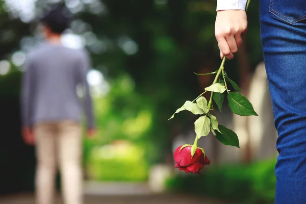 Jovem Deu Namorada Uma Caixa Rosas Dia Dos Namorados — Fotografia de Stock