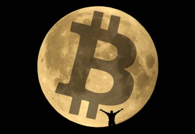Ay, bitcoin işareti ve bir insan figürü. Vektör biçimi.