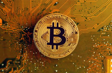 Bitcoin anakart teknolojisi. Yüksek teknoloji kavramı arka plan.