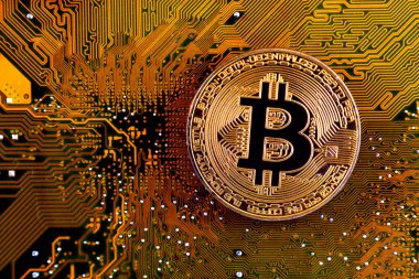 Bitcoin anakart teknolojisi. Yüksek teknoloji kavramı arka plan.