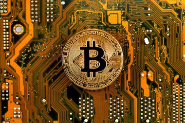 Bitcoin anakart teknolojisi. Yüksek teknoloji kavramı arka plan.