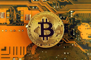 Bitcoin anakart teknolojisi. Yüksek teknoloji kavramı arka plan.