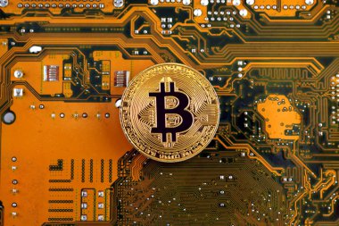 Bitcoin anakart teknolojisi. Yüksek teknoloji kavramı arka plan.