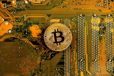 Bitcoin anakart teknolojisi. Yüksek teknoloji kavramı arka plan.