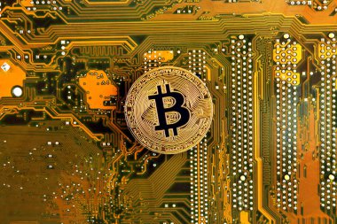 Bitcoin anakart teknolojisi. Yüksek teknoloji kavramı arka plan.