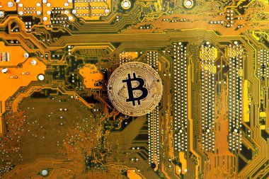 Bitcoin anakart teknolojisi. Yüksek teknoloji kavramı arka plan.