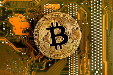 Bitcoin anakart teknolojisi. Yüksek teknoloji kavramı arka plan.
