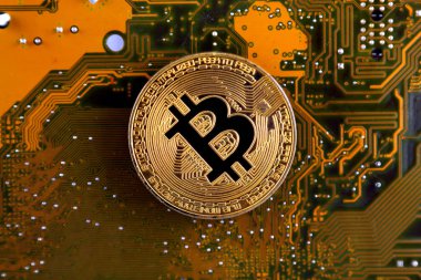 Bitcoin anakart teknolojisi. Yüksek teknoloji kavramı arka plan.