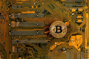 Bitcoin anakart teknolojisi. Yüksek teknoloji kavramı arka plan.