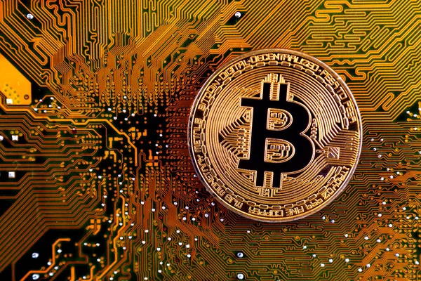 Bitcoin anakart teknolojisi. Yüksek teknoloji kavramı arka plan.