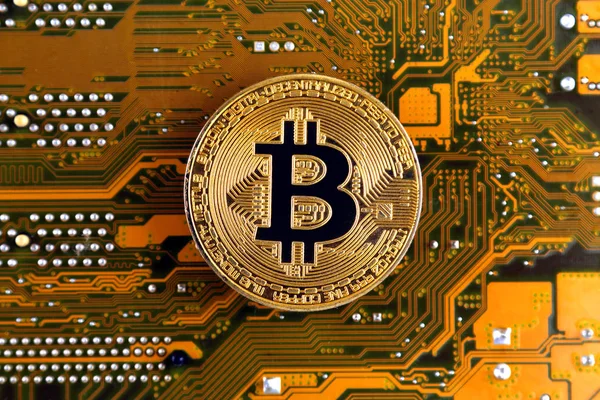 Bitcoin Auf Einem Motherboard Technologie Hintergrund Des Hightech Konzepts — Stockfoto