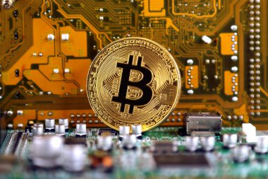 Bitcoin anakart teknolojisi. Yüksek teknoloji kavramı arka plan.