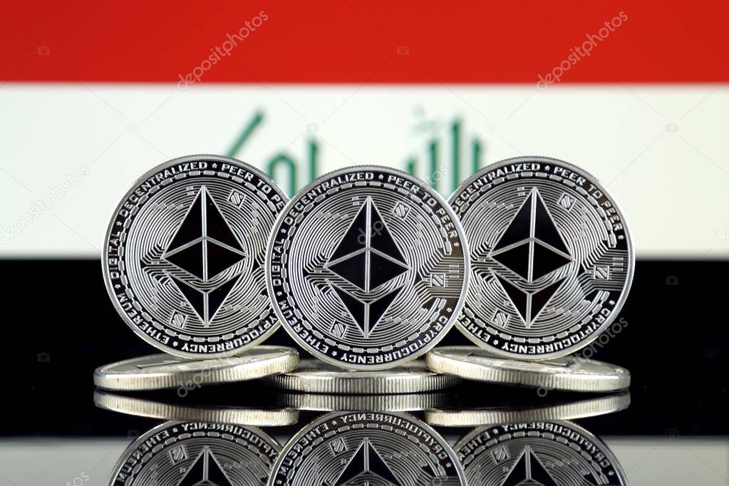 Physical version of Ethereum (ETH) and Iraq Flag. Conceptual image for investors in cryptocurrency, Blockchain Technology, Smart Contracts, Personal Tokens and Initial Coin Offering.