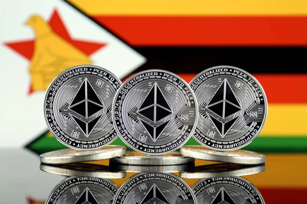 Physical Version Ethereum Eth Zimbabwe Flag Conceptual Image Investors Cryptocurrency — Stock Photo, Image