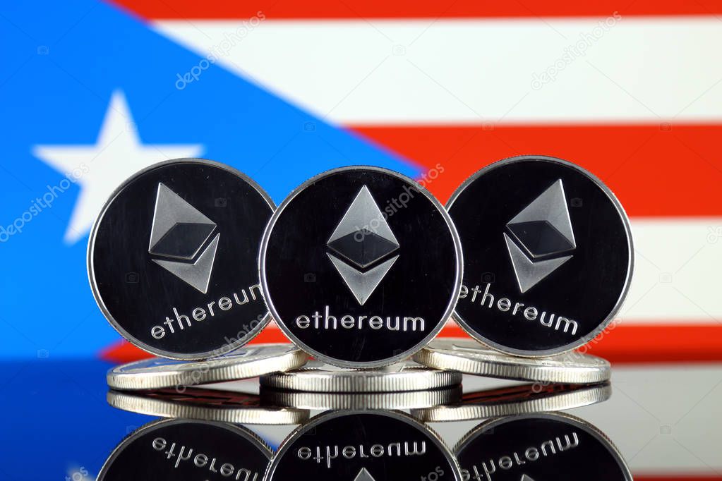 Physical version of Ethereum (ETH) and Puerto Rico Flag. Conceptual image for investors in cryptocurrency, Blockchain Technology, Smart Contracts, Personal Tokens and Initial Coin Offering.