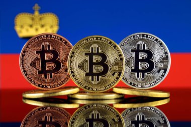 Bitcoin (Btc) ve Lichtenstein bayrak fiziksel sürümü. Yüksek teknoloji (Cryptocurrency, Blockchain teknolojisi, akıllı sözleşmeler, ICO yatırımcılar için kavramsal görüntü).