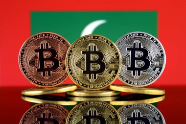 Bitcoin (Btc) ve Maldivler bayrağı fiziksel sürümü. Yüksek teknoloji (Cryptocurrency, Blockchain teknolojisi, akıllı sözleşmeler, ICO yatırımcılar için kavramsal görüntü).