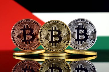 Bitcoin (Btc) ve Filistin bayrağı fiziksel sürümü. Yüksek teknoloji (Cryptocurrency, Blockchain teknolojisi, akıllı sözleşmeler, ICO yatırımcılar için kavramsal görüntü).