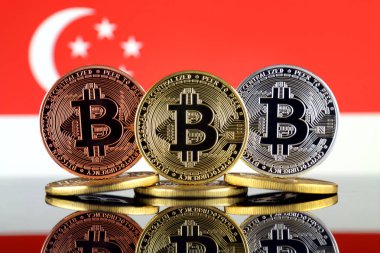 Bitcoin (Btc) ve Singapur bayrağı fiziksel sürümü. Yüksek teknoloji (Cryptocurrency, Blockchain teknolojisi, akıllı sözleşmeler, ICO yatırımcılar için kavramsal görüntü).