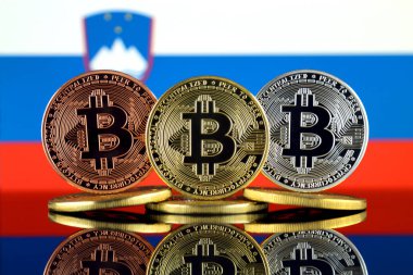 Bitcoin (Btc) ve Slovenya bayrağı fiziksel sürümü. Yüksek teknoloji (Cryptocurrency, Blockchain teknolojisi, akıllı sözleşmeler, ICO yatırımcılar için kavramsal görüntü).