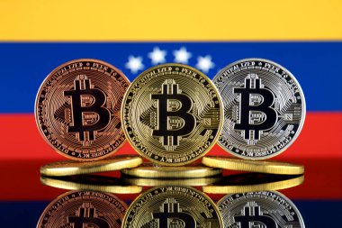 Bitcoin (Btc) ve Venezuela bayrak fiziksel sürümü. Yüksek teknoloji (Cryptocurrency, Blockchain teknolojisi, akıllı sözleşmeler, ICO yatırımcılar için kavramsal görüntü).