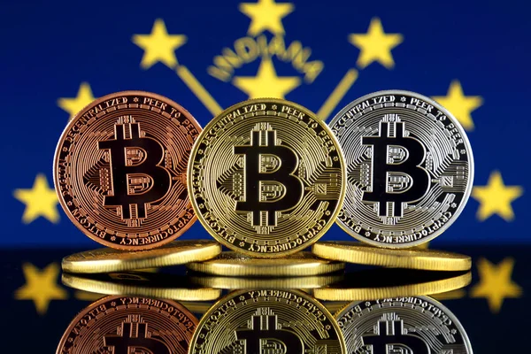 Physical Version Bitcoin Btc Indiana State Flag Conceptual Image Investors — Stock Photo, Image