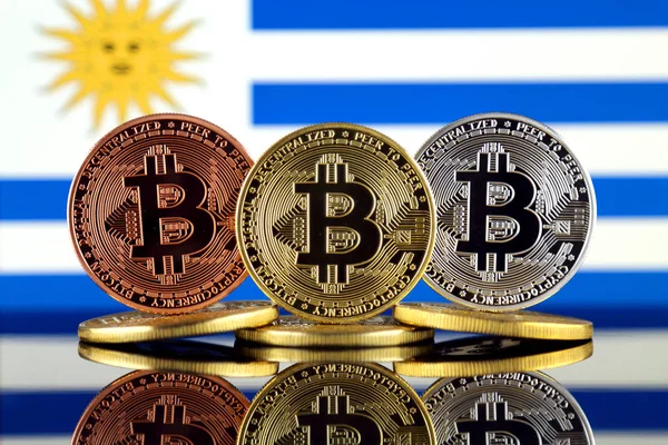 Физическая Версия Биткойна Btc Уругвайского Флага Концептуальный Образ Инвесторов Области — стоковое фото