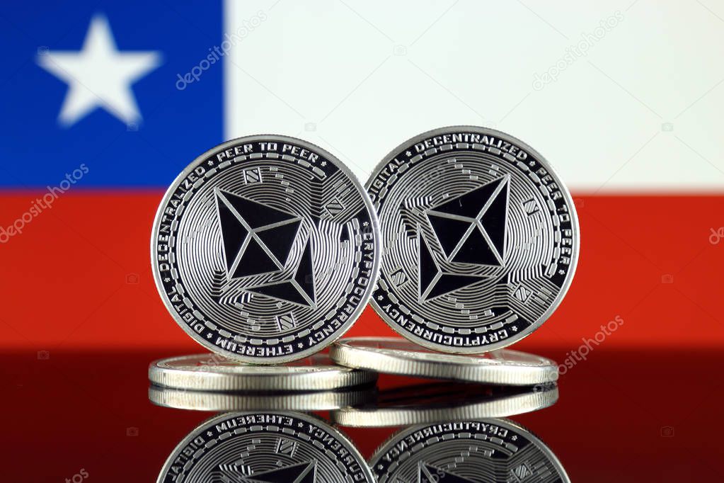 Physical version of Ethereum (ETH) and Chile Flag. Conceptual image for investors in cryptocurrency, Blockchain Technology, Smart Contracts, Personal Tokens and Initial Coin Offering.