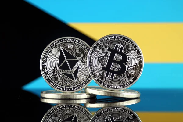 Versión Física Ethereum Eth Bitcoin Btc Bahamas Flag Criptomonedas Más — Foto de Stock