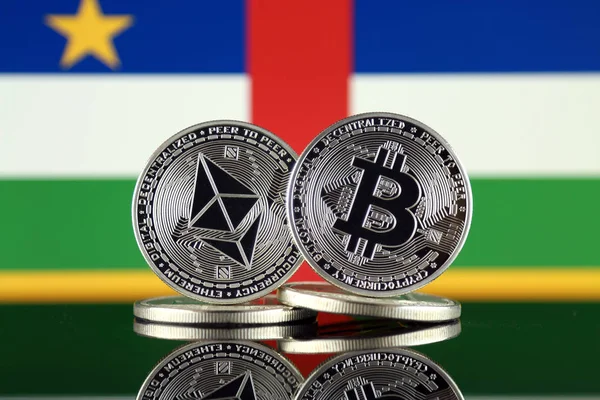 Physical Version Ethereum Eth Bitcoin Btc Central African Republic Flag — Stock Photo, Image