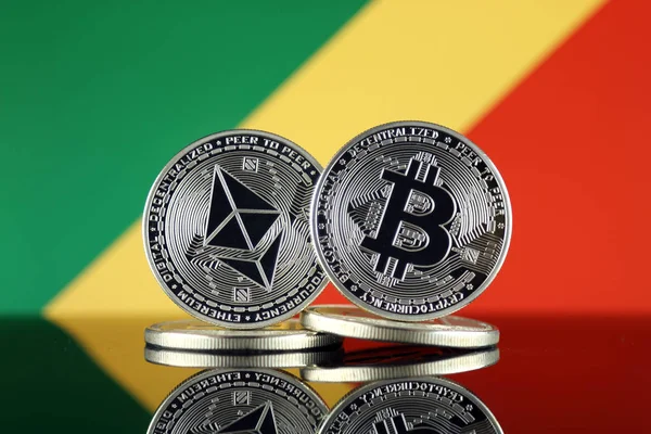 Fizikai Változata Ethereum Eth Bitcoin Btc Kongói Köztársaság Lobogója Legnagyobb — Stock Fotó