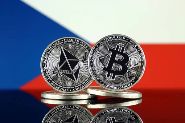 Versión Física Ethereum Eth Bitcoin Btc Czech Republic Flag Criptomonedas — Foto de Stock