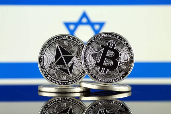 Physical Version Ethereum Eth Bitcoin Btc Israel Flag Largest Cryptocurrencies — Stock Photo, Image