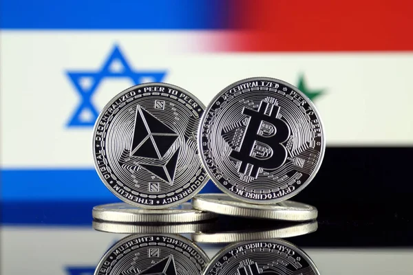 Physical Version Ethereum Eth Bitcoin Btc Israel Syria Flag Largest — Stock Photo, Image
