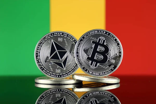 Fizikai Változata Ethereum Eth Bitcoin Btc Mali Zászló Legnagyobb Cryptocurrencies — Stock Fotó