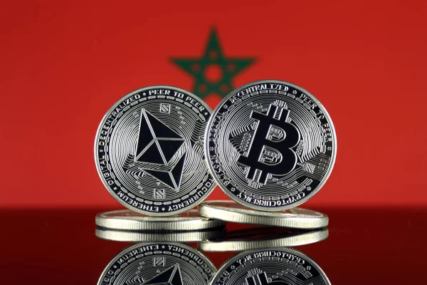 Versione Fisica Ethereum Eth Bitcoin Btc Bandiera Del Marocco Criptovalute — Foto Stock