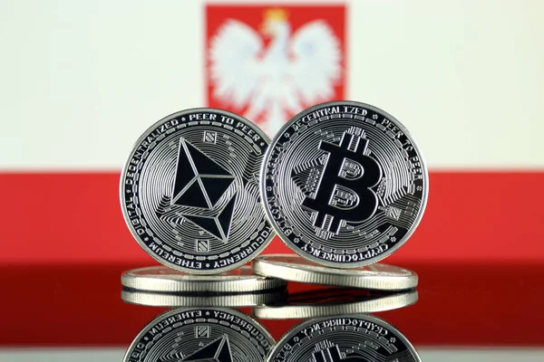 Versión Física Ethereum Eth Bitcoin Btc Poland Flag Criptomonedas Más — Foto de Stock