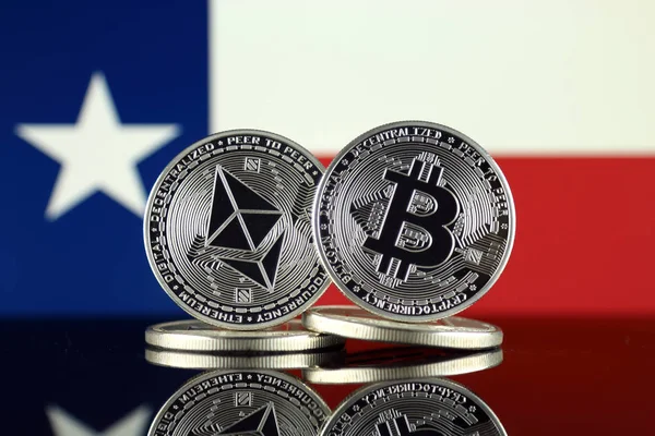 Versión Física Ethereum Eth Bitcoin Btc Texas State Flag Criptomonedas — Foto de Stock