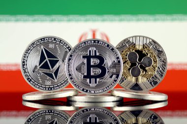Ethereum (Eth), Bitcoin (Btc), dalgalanma (Xrp) ve Iran bayrağı fiziksel sürümü. En iyi 3 Cryptocurrencies pazara göre kap.