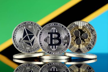 Ethereum (Eth), Bitcoin (Btc), dalgalanma (Xrp) ve Tanzanya bayrağı fiziksel sürümü. En iyi 3 Cryptocurrencies pazara göre kap.