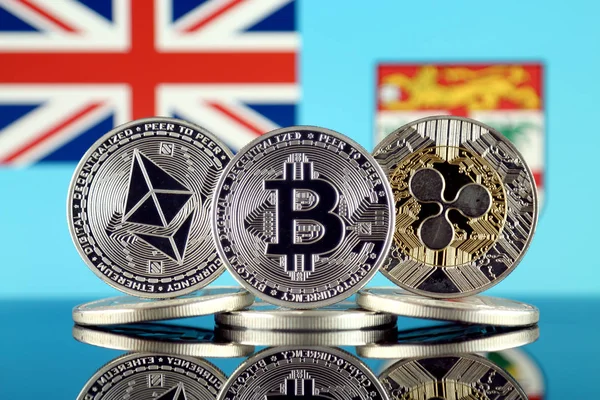 Versión Física Ethereum Eth Bitcoin Btc Ripple Xrp Fiji Flag — Foto de Stock