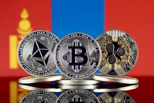 Physical Version Ethereum Eth Bitcoin Btc Ripple Xrp Mongolia Flag — Stock Photo, Image