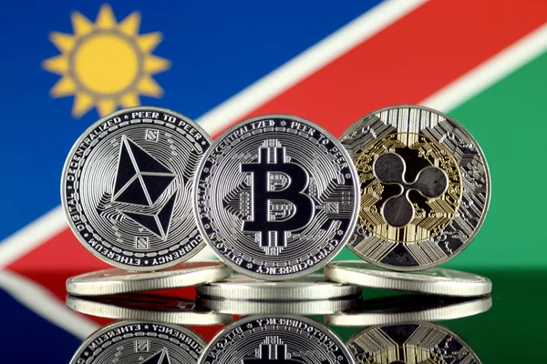 Ethereum (Eth), Bitcoin (Btc), dalgalanma (Xrp) ve Namibya bayrağı fiziksel sürümü. En iyi 3 Cryptocurrencies pazara göre kap.