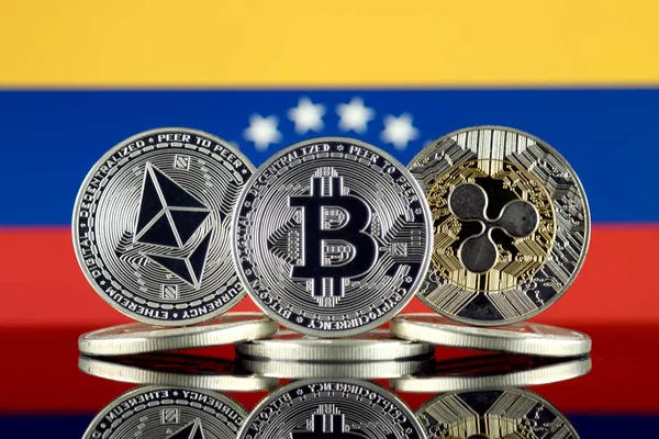 Physical Version Ethereum Eth Bitcoin Btc Ripple Xrp Venezuela Flag — Stock Photo, Image