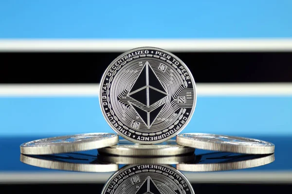 Physical version of Ethereum (ETH) and Botswana Flag. Conceptual image for investors in cryptocurrency, Blockchain Technology, Smart Contracts, Personal Tokens and Initial Coin Offering.